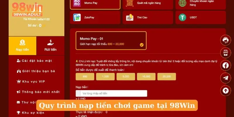 Quy trình nạp tiền chơi game tại 98Win