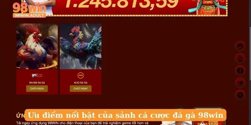 Ưu điểm nổi bật của sảnh cá cược đá gà 98win